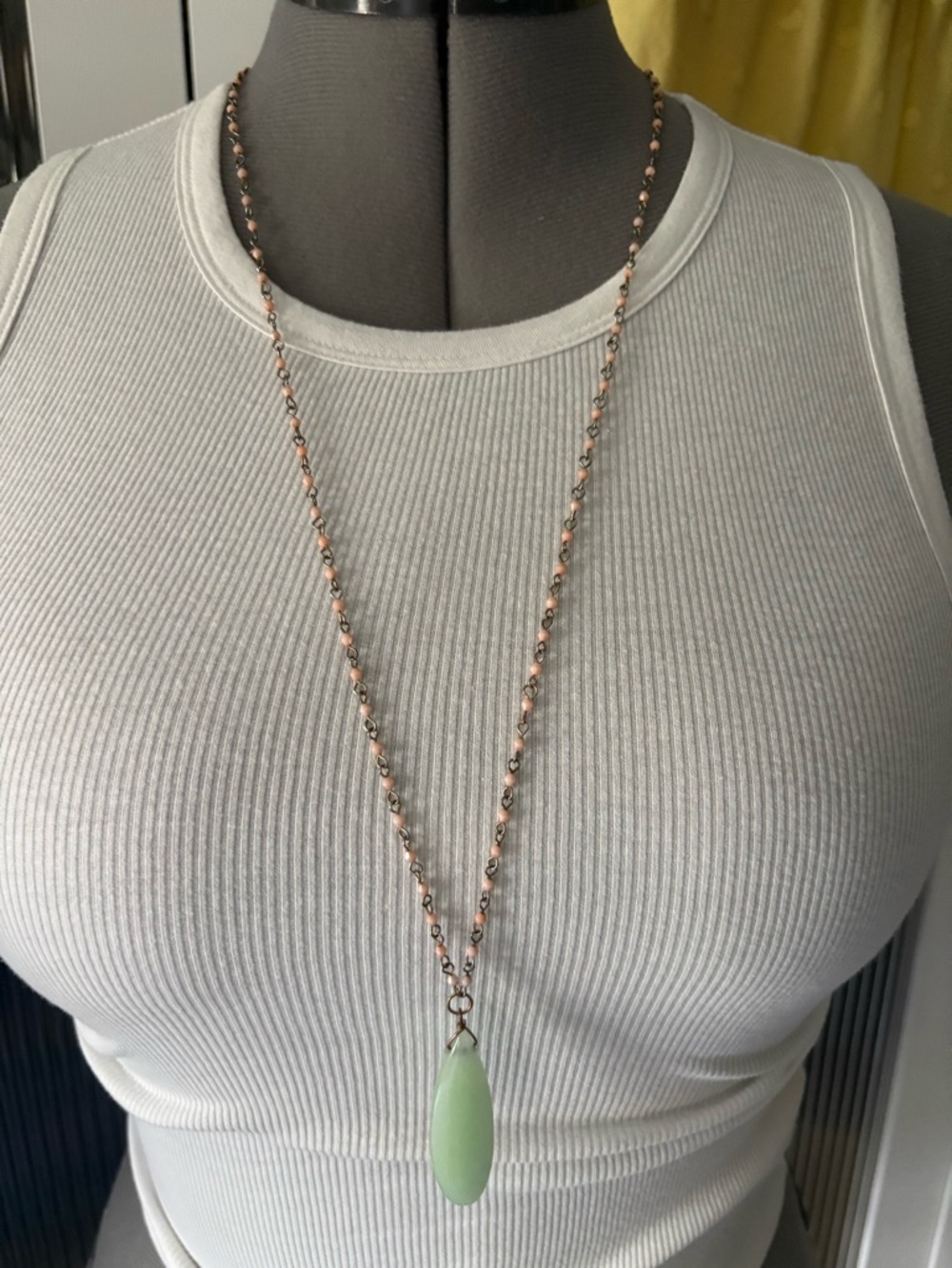 Anthropologie Rose Gold Beaded Necklace with Mint Teardrop Pendant